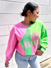 Load image into Gallery viewer, Queen of Sparkles Wicked pink and green color-block sequin sweatshirt