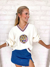 Load image into Gallery viewer, Queen Of Sparkles LSU Mascot V-Neck Striped Sweater