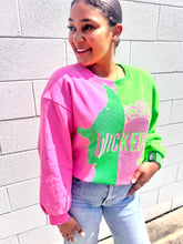 Load image into Gallery viewer, Queen of Sparkles Wicked pink and green color-block sequin sweatshirt