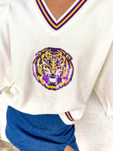 Load image into Gallery viewer, Queen Of Sparkles LSU Mascot V-Neck Striped Sweater