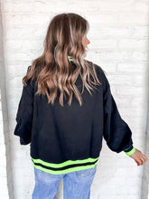 Load image into Gallery viewer,  Queen Of Sparkles Black and Neon ‘Spooky’ Sweatshirt with bright green and silver beaded block letters with striped trim