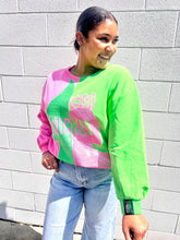 Load image into Gallery viewer, Queen of Sparkles Wicked pink and green color-block sequin sweatshirt