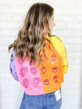 Load image into Gallery viewer, Queen of Sparkles Colorblock Multi Skull Sweatshirt with color blocking stripes of yellow, orange, pink and light purple with sequin beaded skulls