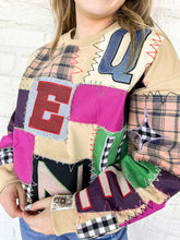 Load image into Gallery viewer, Queen Of Sparkles Beige Multi Queen Patchwork Sweatshirt with black and white checkered patches, camel plaid and multi color block letters