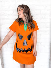 Load image into Gallery viewer, Queen Of Sparkles Orange Pumpkin Dress with black sequin jack-o-lantern face and green collar
