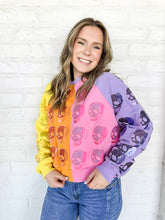Load image into Gallery viewer, Queen of Sparkles Colorblock Multi Skull Sweatshirt with color blocking stripes of yellow, orange, pink and light purple with sequin beaded skulls