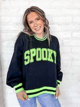 Load image into Gallery viewer,  Queen Of Sparkles Black and Neon ‘Spooky’ Sweatshirt with bright green and silver beaded block letters with striped trim