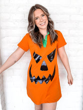 Load image into Gallery viewer, Queen Of Sparkles Orange Pumpkin Dress with black sequin jack-o-lantern face and green collar