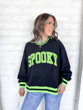 Load image into Gallery viewer,  Queen Of Sparkles Black and Neon ‘Spooky’ Sweatshirt with bright green and silver beaded block letters with striped trim