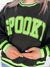 Load image into Gallery viewer,  Queen Of Sparkles Black and Neon ‘Spooky’ Sweatshirt with bright green and silver beaded block letters with striped trim