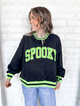Load image into Gallery viewer,  Queen Of Sparkles Black and Neon ‘Spooky’ Sweatshirt with bright green and silver beaded block letters with striped trim