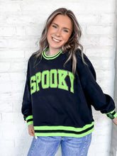 Load image into Gallery viewer,  Queen Of Sparkles Black and Neon ‘Spooky’ Sweatshirt with bright green and silver beaded block letters with striped trim