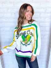 Load image into Gallery viewer, Queen Of Sparkles White Mardi Gras Mask Sweater