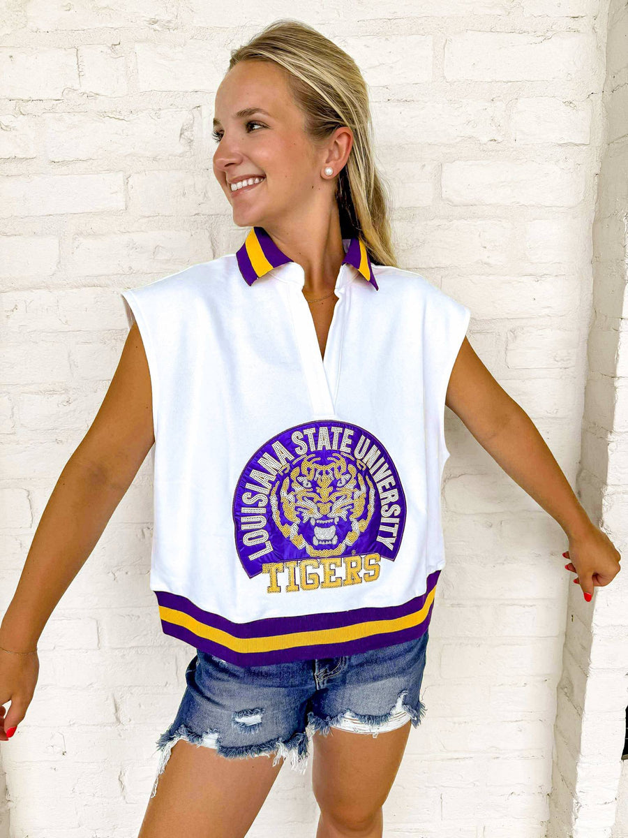 ビンテージ カラーフロッキー ワッペン LSU Tigers カレッジ 2枚 Queen Of Sparkles Licensed LSU Striped Collar Mascot Tank