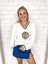 Load image into Gallery viewer, Queen Of Sparkles LSU Mascot V-Neck Striped Sweater