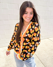 Load image into Gallery viewer, Queen Of Sparkles Black Pearl Candy Corn Cardigan
