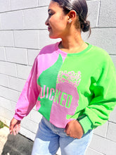 Load image into Gallery viewer,  Queen of Sparkles Wicked pink and green color-block sequin sweatshirt