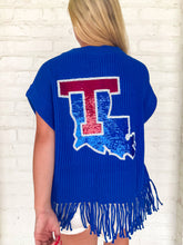 Load image into Gallery viewer, Queen Of Sparkles Royal & Red LA Tech Bulldogs Fringe Sweater Vest