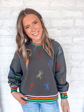 Load image into Gallery viewer, Queen Of Sparkles Charcoal Skeleton Striped Sweatshirt with multi color sequin dancing skeletons