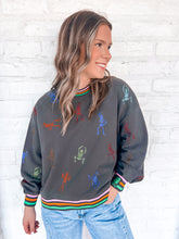 Load image into Gallery viewer, Queen Of Sparkles Charcoal Skeleton Striped Sweatshirt with multi color sequin dancing skeletons