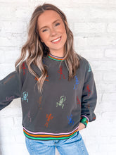 Load image into Gallery viewer, Queen Of Sparkles Charcoal Skeleton Striped Sweatshirt with multi color sequin dancing skeletons
