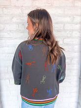 Load image into Gallery viewer, Queen Of Sparkles Charcoal Skeleton Striped Sweatshirt with multi color sequin dancing skeletons