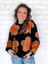 Load image into Gallery viewer, Queen Of Sparkles Orange and Black Oversized Flower Sweatshirt with deep burnt orange and poppy red sequin center flowers