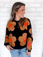 Load image into Gallery viewer, Queen Of Sparkles Orange and Black Oversized Flower Sweatshirt with deep burnt orange and poppy red sequin center flowers