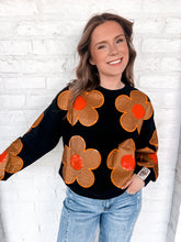 Load image into Gallery viewer, Queen Of Sparkles Orange and Black Oversized Flower Sweatshirt with deep burnt orange and poppy red sequin center flowers