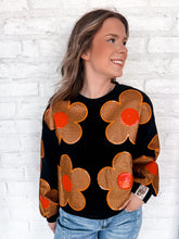 Load image into Gallery viewer, Queen Of Sparkles Orange and Black Oversized Flower Sweatshirt with deep burnt orange and poppy red sequin center flowers