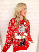Load image into Gallery viewer, Queen Of Sparkles Red &amp; White Paisley Print Cowboy Santa Sweater