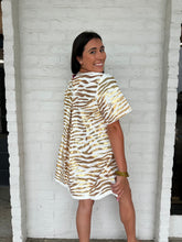 Load image into Gallery viewer, Queen Of Sparkles White With Gold Tiger Short Sleeve Denim Dress