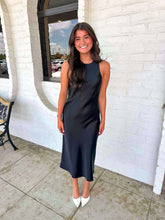 Load image into Gallery viewer, Golden Wishes Black Satin Dress