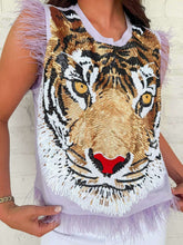 Load image into Gallery viewer, Queen Of Sparkles Lavender Oversized Tiger Feather Trim Tank