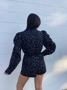 Queen Of Sparkles Black Multi Scattered Rhinestone Romper