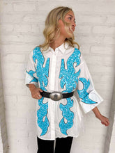 Load image into Gallery viewer, Queen Of Sparkles White &amp; Jeweled Turquoise Button Up Tunic