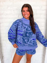 Load image into Gallery viewer, Queen Of Sparkles Blue Sequin Tiger Print QOS Card Mock Neck Sweatshirt