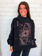 Load image into Gallery viewer, Queen Of Sparkles Black Rainbow Rhinestone QOS Card Logo Mock Neck Sweatshirt