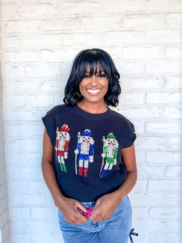 Queen Of Sequin Christmas Toy Soldiers Black Sweater Vest