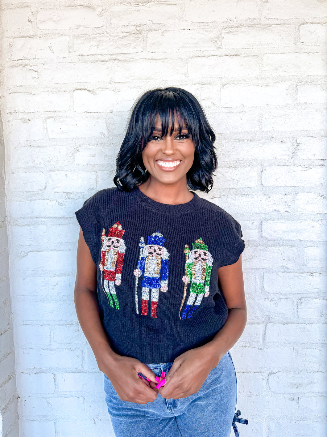 Queen Of Sequin Christmas Toy Soldiers Black Sweater Vest