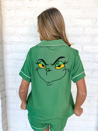 Queen Of Grinch Face Green Pajama Set