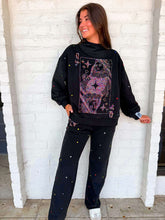 Load image into Gallery viewer, Queen Of Sparkles Black Rainbow Rhinestone QOS Card Logo Mock Neck Sweatshirt