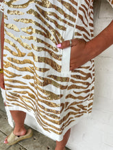 Load image into Gallery viewer, Queen Of Sparkles White With Gold Tiger Short Sleeve Denim Dress
