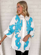 Load image into Gallery viewer, Queen Of Sparkles White &amp; Jeweled Turquoise Button Up Tunic