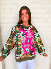 Load image into Gallery viewer, Queen Of Sparkles Mint Sequin Camo Queen Card Sweatshirt