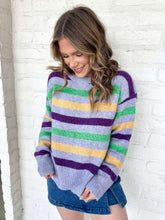 Load image into Gallery viewer, Mardi Gras Color Stripe Round Neck Purple Sweater Top