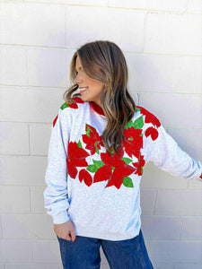 Queen Of Sparkles Grey And Red Collar Poinsettia Sweatshirt