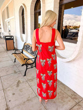 Load image into Gallery viewer, Queen Of Sparkles Red Multi Beaded Bow Ornament Cotton Midi Dress