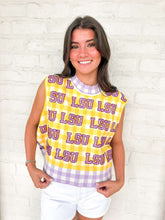 Load image into Gallery viewer, Queen Of Sparkles Licensed LSU Gingham Sequin Beaded Word Knit Tank