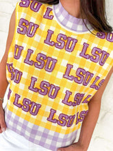 Load image into Gallery viewer, Queen Of Sparkles Licensed LSU Gingham Sequin Beaded Word Knit Tank